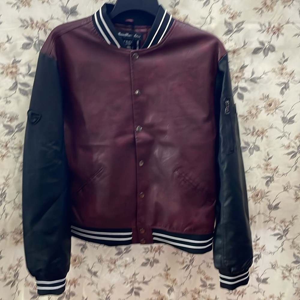 fried denim bomber jacket mens size XL button up faux leather maroon/black